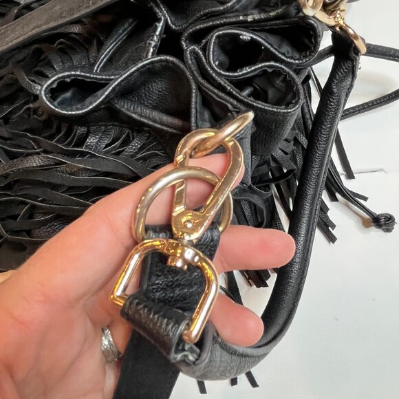 H&M Black Leather Fringe Bucket Bag Handbag Crossbody Boho Carry-All Drawstring - Picture 5 of 12